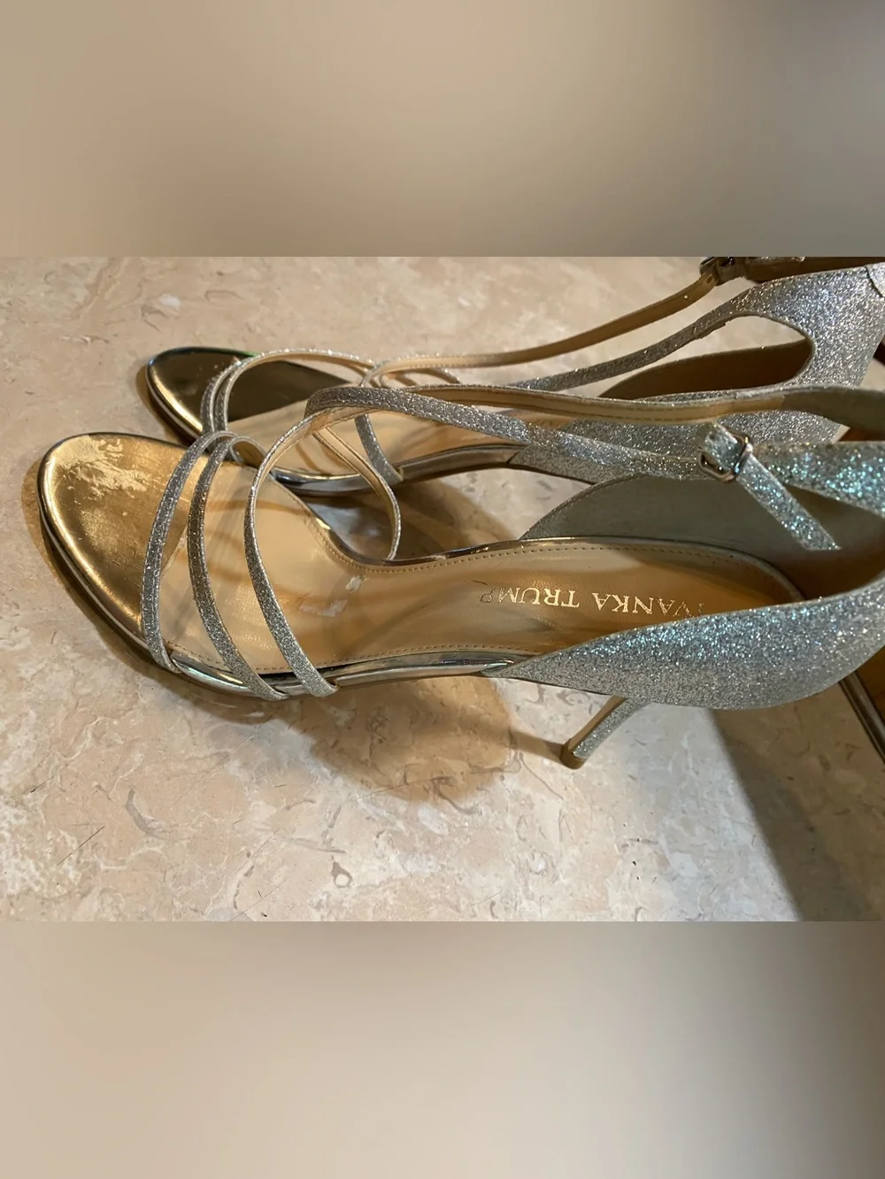Ivanka Trump Metallic Silver Glitter Strappy Heels